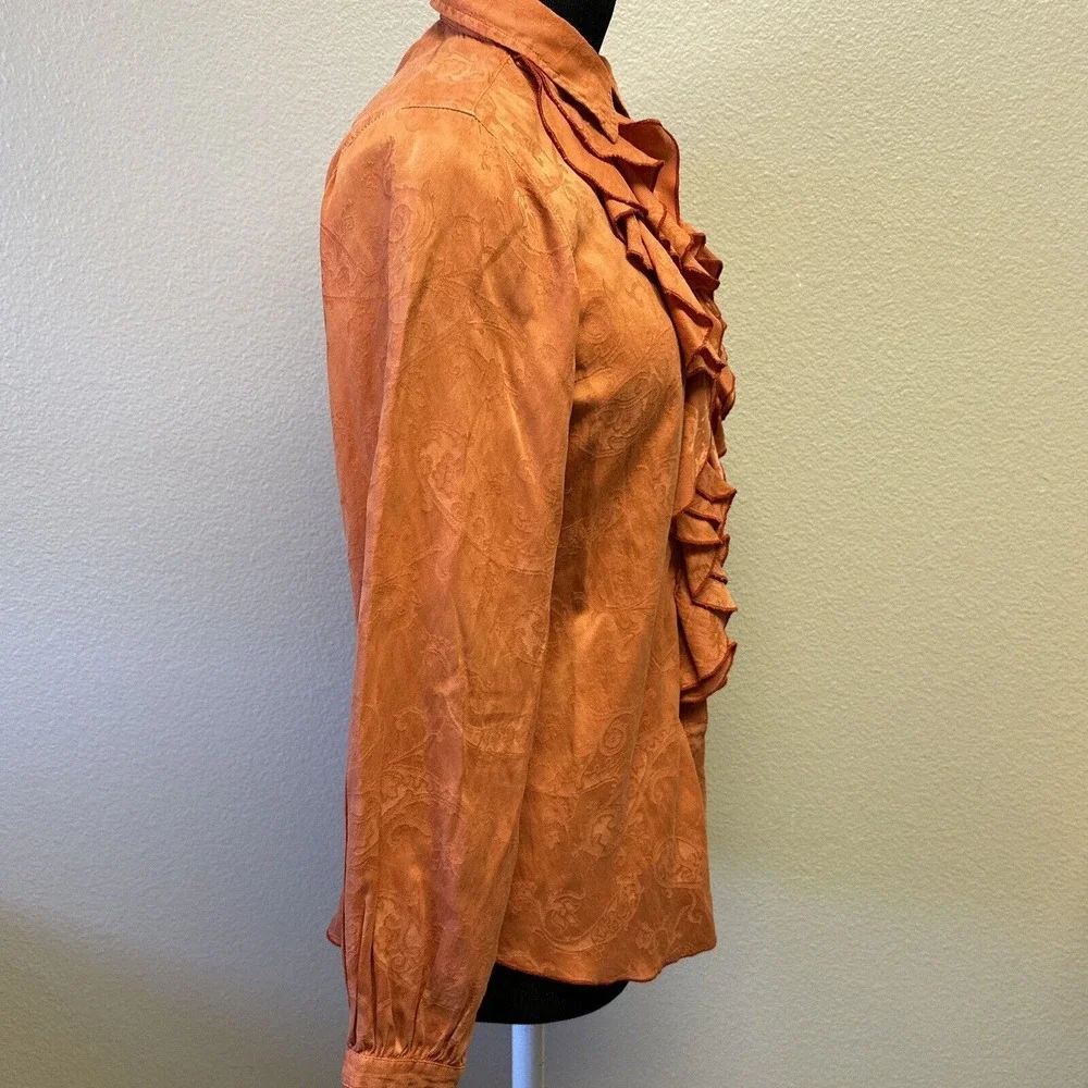 Ryan Michael Small Western Silk Cotton Orange Long Sleeve Ruffle Blouse Top - Picture 7 of 13